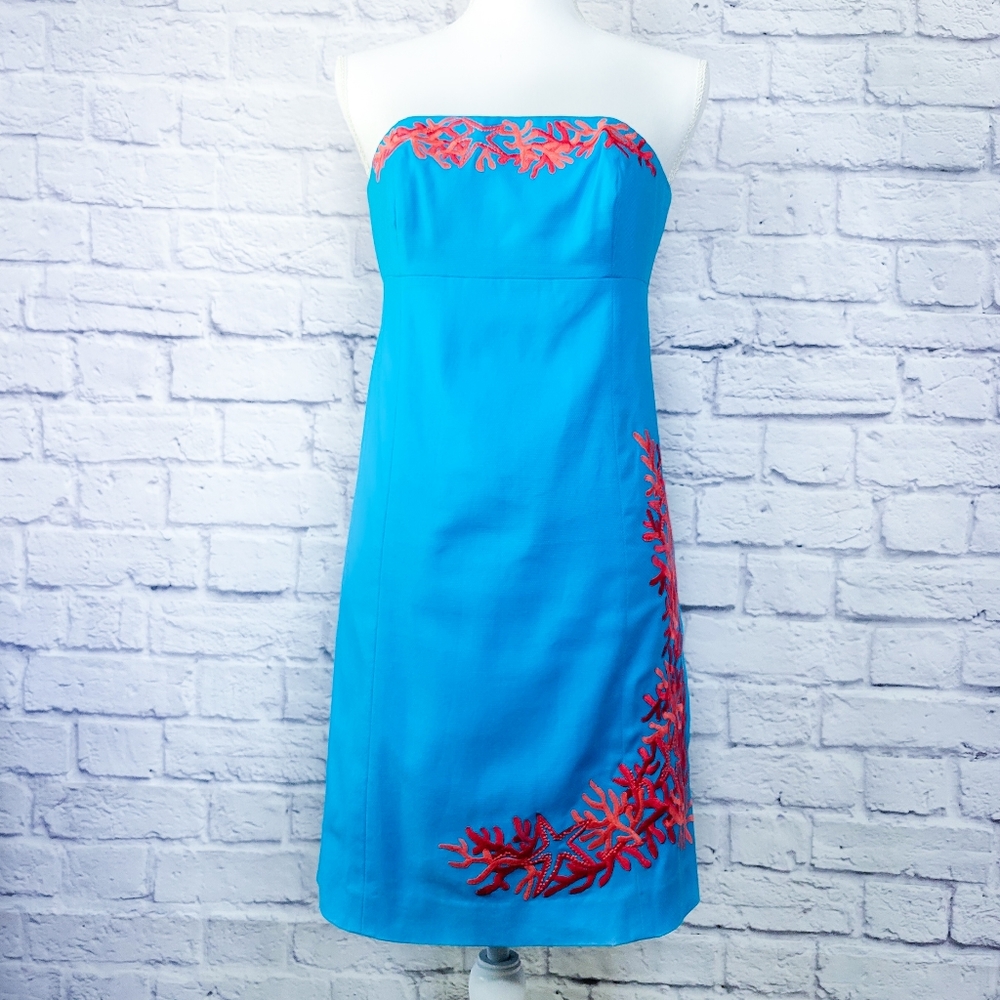 Lilly Pulitzer Blue Strapless Dress with Stitched Coral Detailing